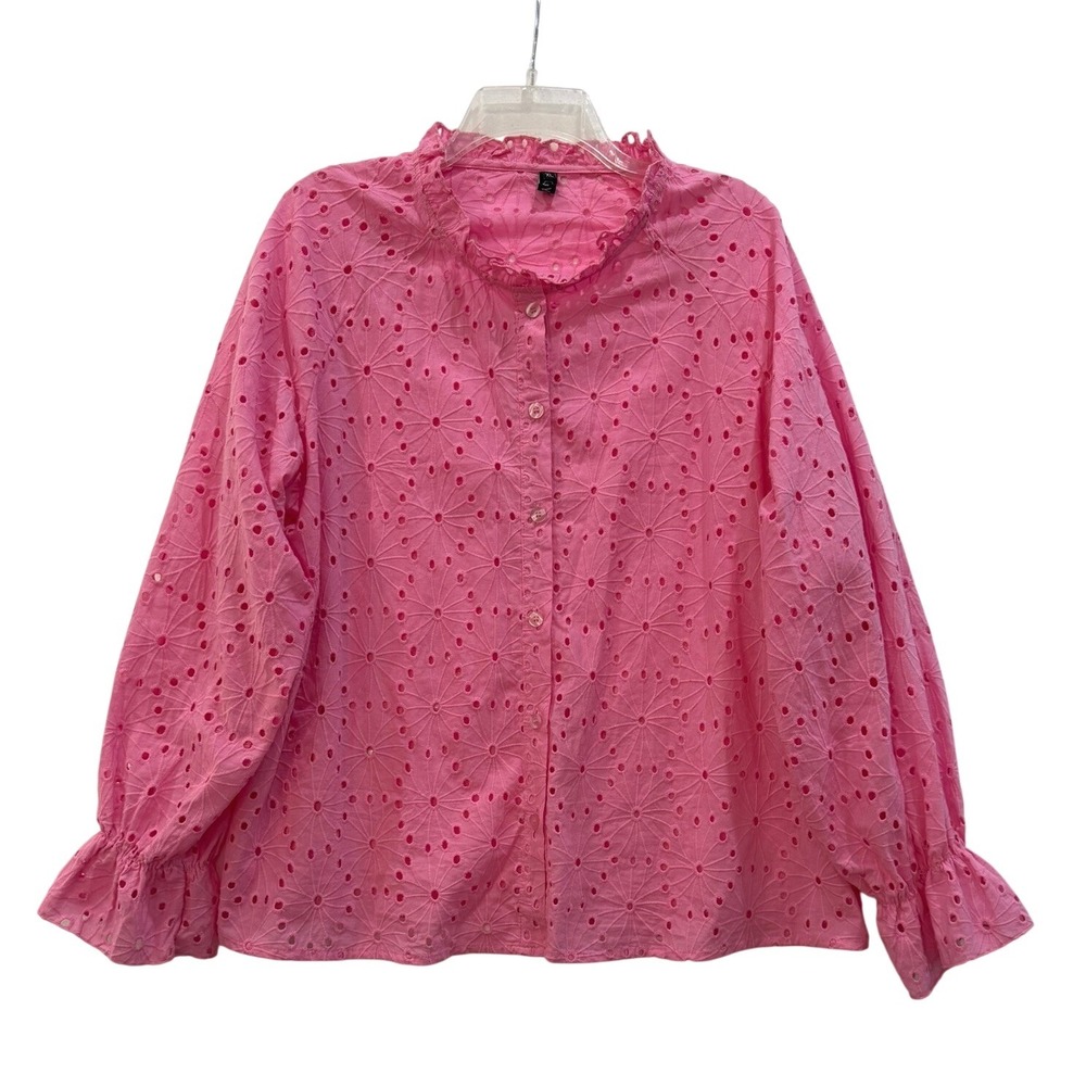 Chou Yatou Pink Eyelet Cotton Ruffle Neck Balloon Sleeve Button Down Blouse XL
